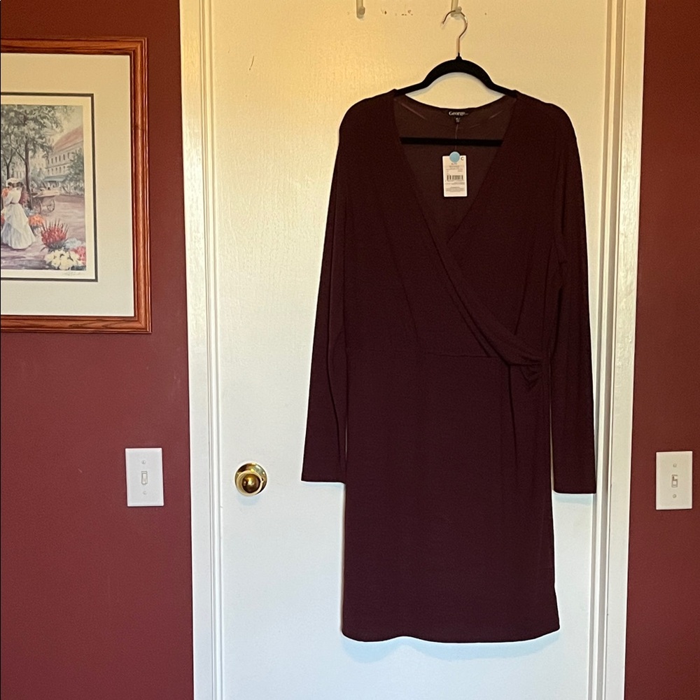 Elegant Light Jersey Knit Burgundy Faux Wrap Dress